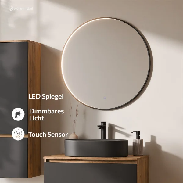 Ensemble de meubles de salle de bains ARISA avec armoire haute noire – Avec miroir LED Veluna et lavabo à poser en céramique noire de 55 cm