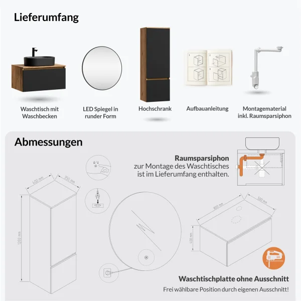 Ensemble de meubles de salle de bains ARISA avec armoire haute noire – Avec miroir LED Veluna et lavabo à poser en céramique noire de 55 cm