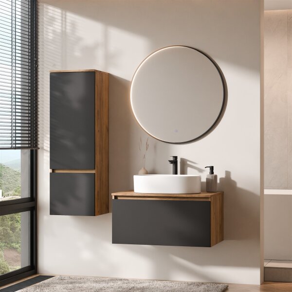 ARISA Badmöbel Set inkl. Hochschrank in Schwarz – Mit Veluna LED Spiegel und weißem Keramik-Aufsatzwaschbecken 55 cm