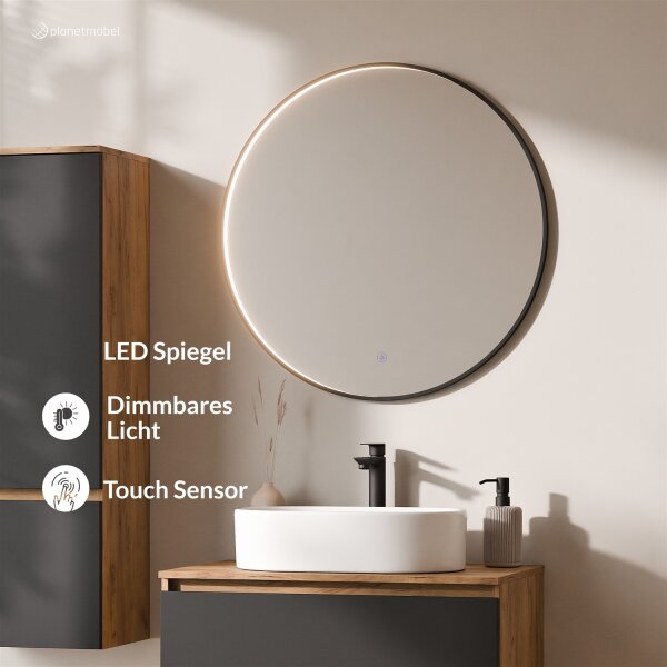 ARISA Badmöbel Set inkl. Hochschrank in Schwarz – Mit Veluna LED Spiegel und weißem Keramik-Aufsatzwaschbecken 55 cm