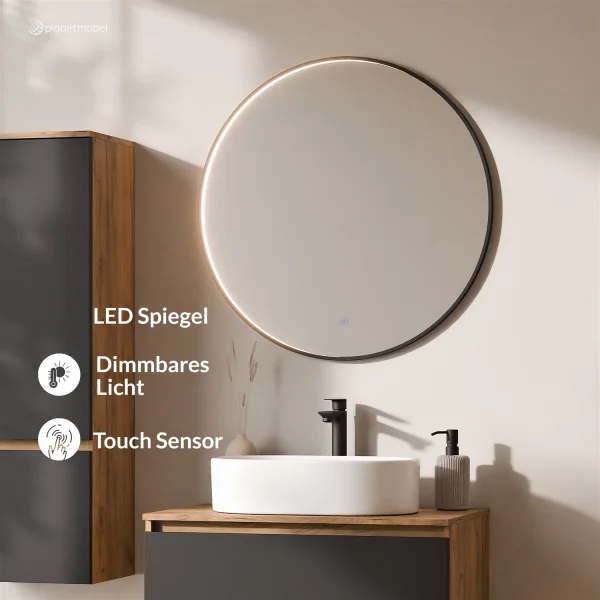 ARISA Bathroom Furniture Set, including a tall cabinet in black – with a Veluna LED mirror and a white ceramic countertop sink (55 cm)