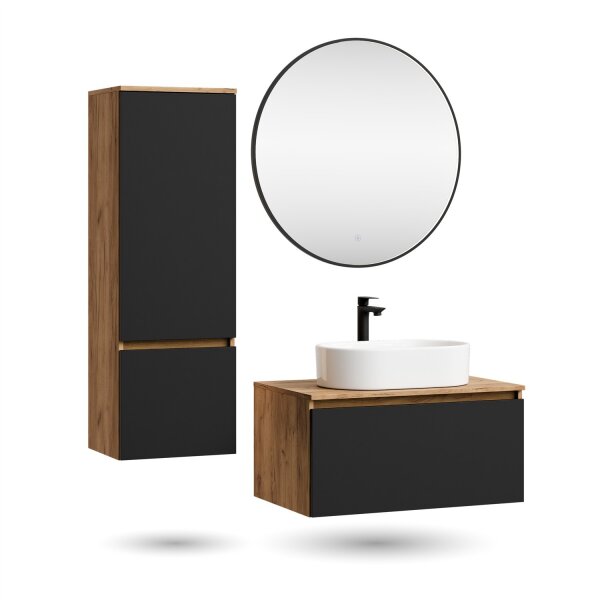 ARISA Badmöbel Set inkl. Hochschrank in Schwarz – Mit Veluna LED Spiegel und weißem Keramik-Aufsatzwaschbecken 55 cm