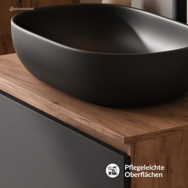 ARISA Badmöbel Set inkl. Hochschrank in Schwarz – Mit Veluna LED Spiegel und schwarzem Keramik-Aufsatzwaschbecken 60 cm