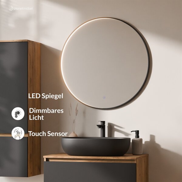 ARISA Badmöbel Set inkl. Hochschrank in Schwarz – Mit Veluna LED Spiegel und schwarzem Keramik-Aufsatzwaschbecken 60 cm