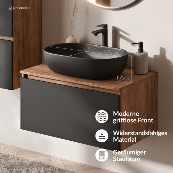 ARISA Badmöbel Set inkl. Hochschrank in Schwarz – Mit Veluna LED Spiegel und schwarzem Keramik-Aufsatzwaschbecken 60 cm