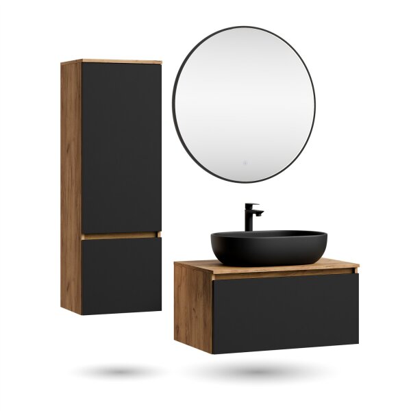 ARISA Badmöbel Set inkl. Hochschrank in Schwarz – Mit Veluna LED Spiegel und schwarzem Keramik-Aufsatzwaschbecken 60 cm