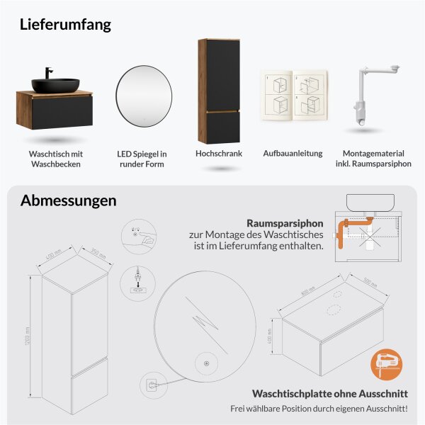 ARISA Badmöbel Set inkl. Hochschrank in Schwarz – Mit Veluna LED Spiegel und schwarzem Keramik-Aufsatzwaschbecken 60 cm