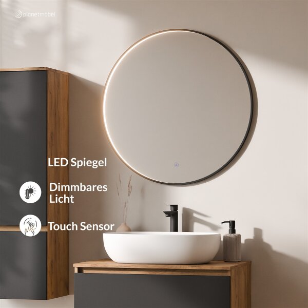 ARISA Badmöbel Set inkl. Hochschrank in Schwarz – Mit Veluna LED Spiegel und weißem Keramik-Aufsatzwaschbecken 60 cm