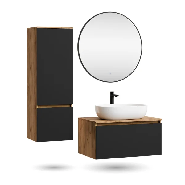 Ensemble de meubles de salle de bains ARISA avec armoire haute noire – Avec miroir LED Veluna et lavabo à poser en céramique blanche de 60 cm