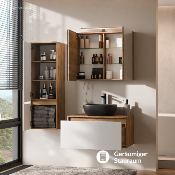 ARISA Badmöbel Set inkl. Hochschrank in Weiß - Mit Spiegelschrank "ARIA" und schwarzem Keramik-Aufsatzwaschbecken 42,5 cm