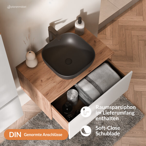 ARISA Badmöbel Set inkl. Hochschrank in Weiß - Mit Spiegelschrank "ARIA" und schwarzem Keramik-Aufsatzwaschbecken 42,5 cm