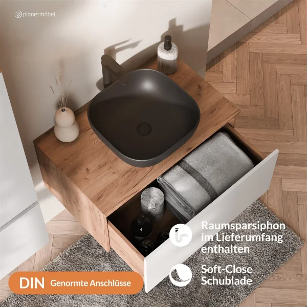 Ensemble de meubles de salle de bains ARISA avec armoire haute blanche - Comprend une armoire de toilette « ARIA » et un lavabo à poser en céramique noire de 42,5 cm