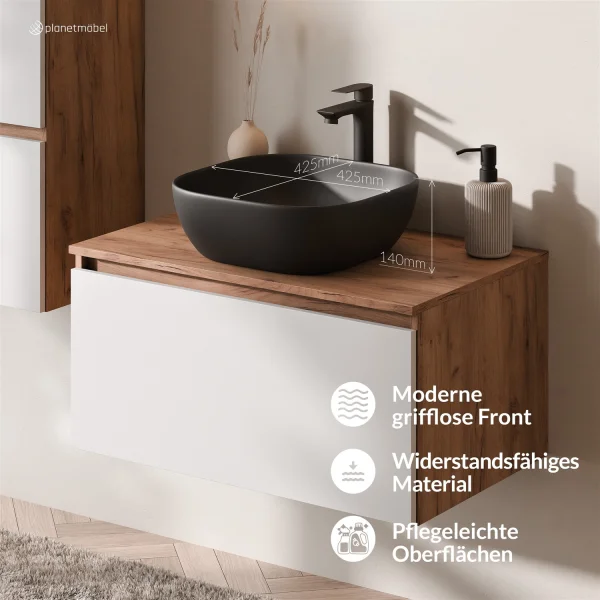 Ensemble de meubles de salle de bains ARISA avec armoire haute blanche - Comprend une armoire de toilette « ARIA » et un lavabo à poser en céramique noire de 42,5 cm