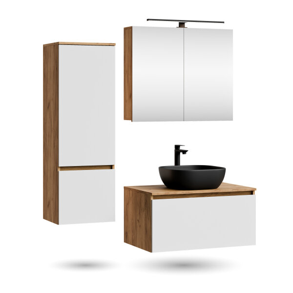 ARISA Badmöbel Set inkl. Hochschrank in Weiß - Mit Spiegelschrank "ARIA" und schwarzem Keramik-Aufsatzwaschbecken 42,5 cm