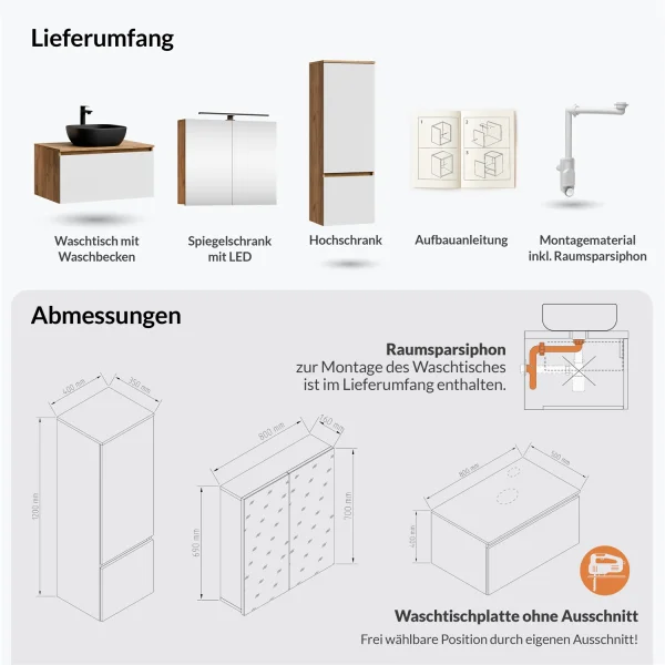 Ensemble de meubles de salle de bains ARISA avec armoire haute blanche - Comprend une armoire de toilette « ARIA » et un lavabo à poser en céramique noire de 42,5 cm