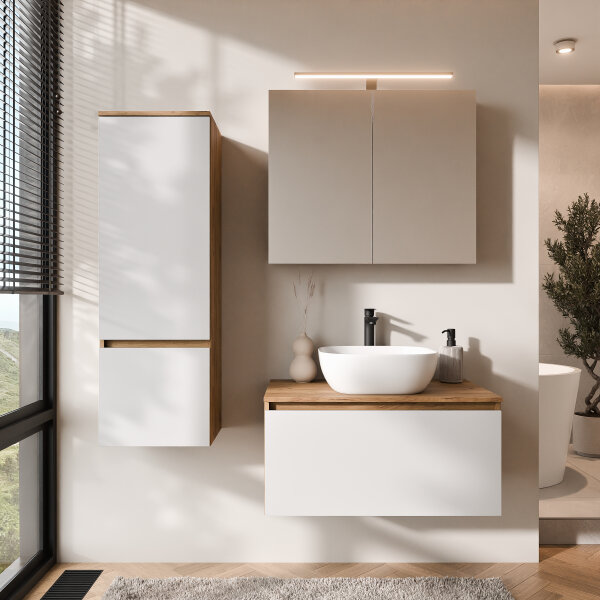 ARISA Badmöbel Set inkl. Hochschrank in Weiß - Mit Spiegelschrank "ARIA" und weißem Keramik-Aufsatzwaschbecken 42 cm