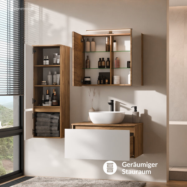 ARISA Badmöbel Set inkl. Hochschrank in Weiß - Mit Spiegelschrank "ARIA" und weißem Keramik-Aufsatzwaschbecken 42 cm