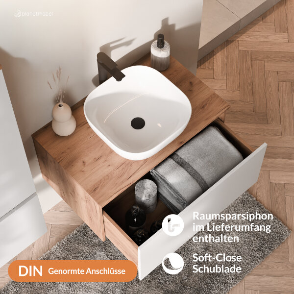 ARISA Badmöbel Set inkl. Hochschrank in Weiß - Mit Spiegelschrank "ARIA" und weißem Keramik-Aufsatzwaschbecken 42 cm