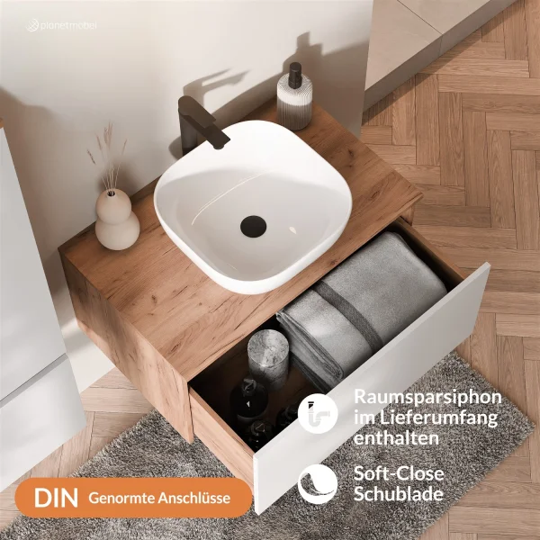 Ensemble de meubles de salle de bains ARISA avec armoire haute blanche - Comprend une armoire de toilette « ARIA » et un lavabo à poser en céramique blanche de 42 cm