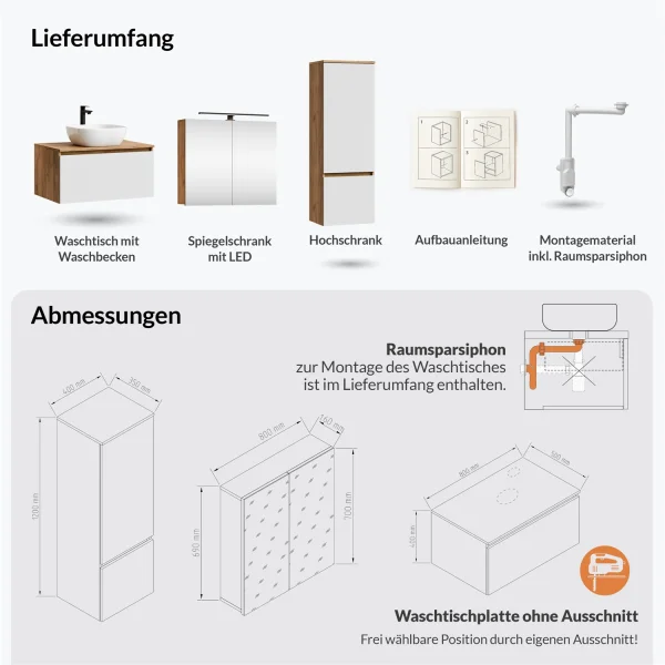 Ensemble de meubles de salle de bains ARISA avec armoire haute blanche - Comprend une armoire de toilette « ARIA » et un lavabo à poser en céramique blanche de 42 cm