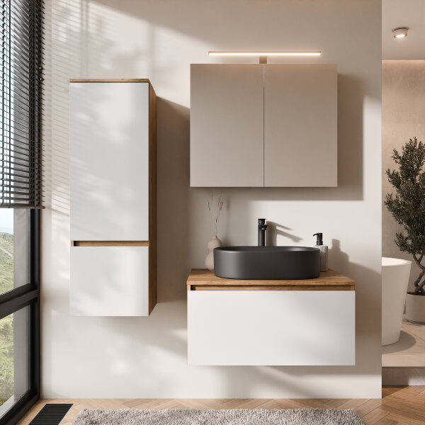ARISA Badmöbel Set inkl. Hochschrank in Weiß - Mit Spiegelschrank "ARIA" und schwarzem Keramik-Aufsatzwaschbecken 55 cm
