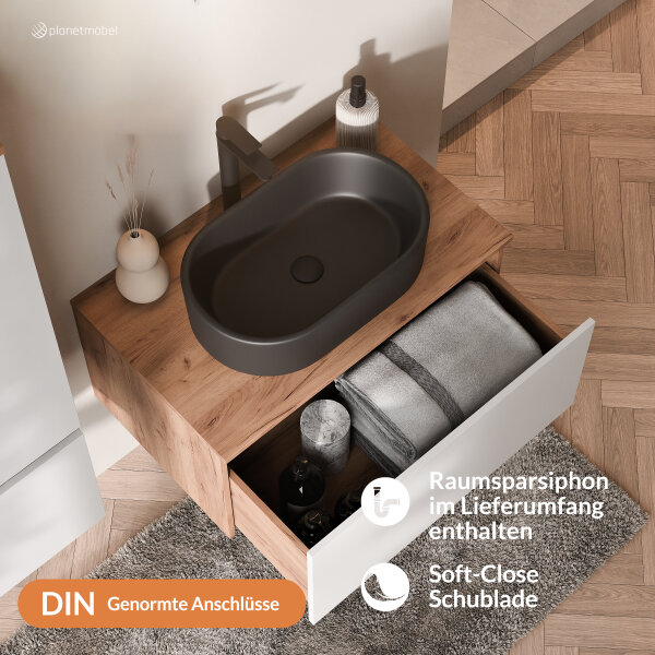 ARISA Badmöbel Set inkl. Hochschrank in Weiß - Mit Spiegelschrank "ARIA" und schwarzem Keramik-Aufsatzwaschbecken 55 cm