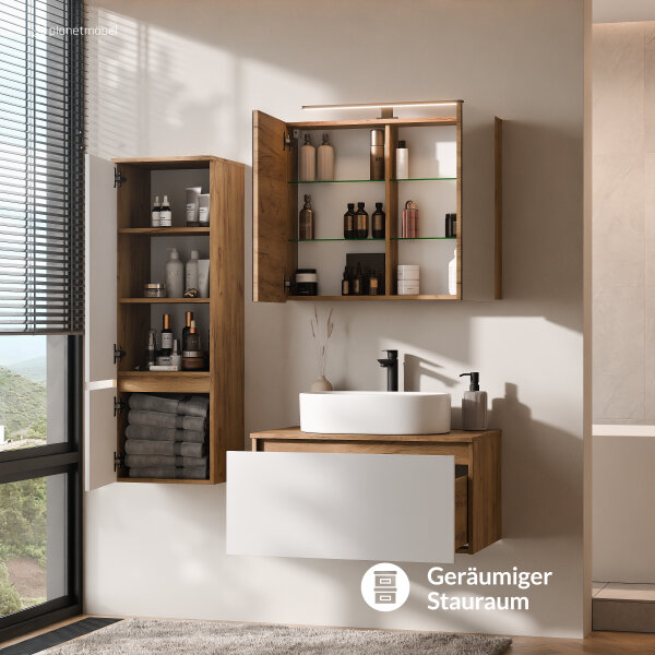 ARISA Badmöbel Set inkl. Hochschrank in Weiß - Mit Spiegelschrank "ARIA" und weißem Keramik-Aufsatzwaschbecken 55 cm