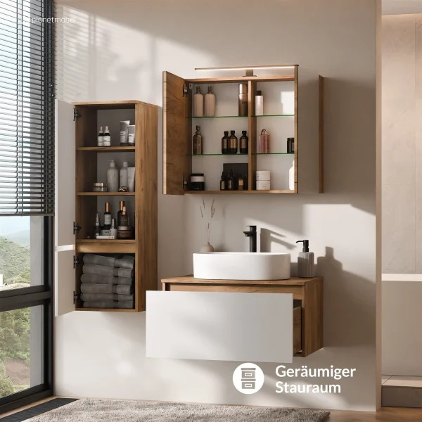 Ensemble de meubles de salle de bains ARISA avec armoire haute blanche - Comprend une armoire de toilette « ARIA » et un lavabo à poser en céramique blanche de 55 cm