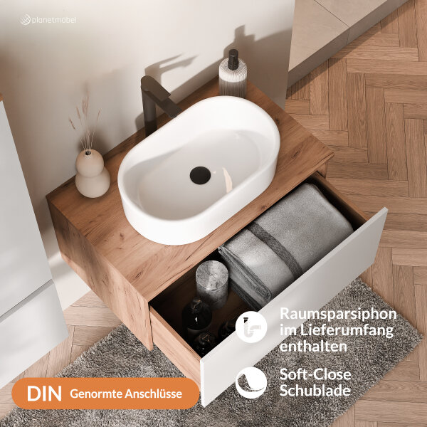 ARISA Badmöbel Set inkl. Hochschrank in Weiß - Mit Spiegelschrank "ARIA" und weißem Keramik-Aufsatzwaschbecken 55 cm