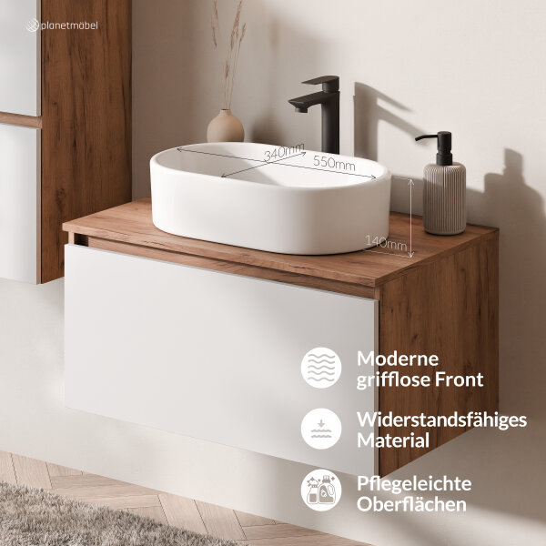 ARISA Badmöbel Set inkl. Hochschrank in Weiß - Mit Spiegelschrank "ARIA" und weißem Keramik-Aufsatzwaschbecken 55 cm