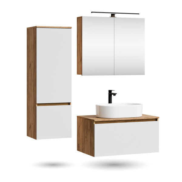 ARISA Badmöbel Set inkl. Hochschrank in Weiß - Mit Spiegelschrank "ARIA" und weißem Keramik-Aufsatzwaschbecken 55 cm