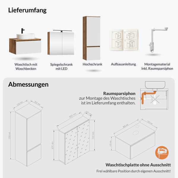 ARISA Badmöbel Set inkl. Hochschrank in Weiß - Mit Spiegelschrank "ARIA" und weißem Keramik-Aufsatzwaschbecken 55 cm