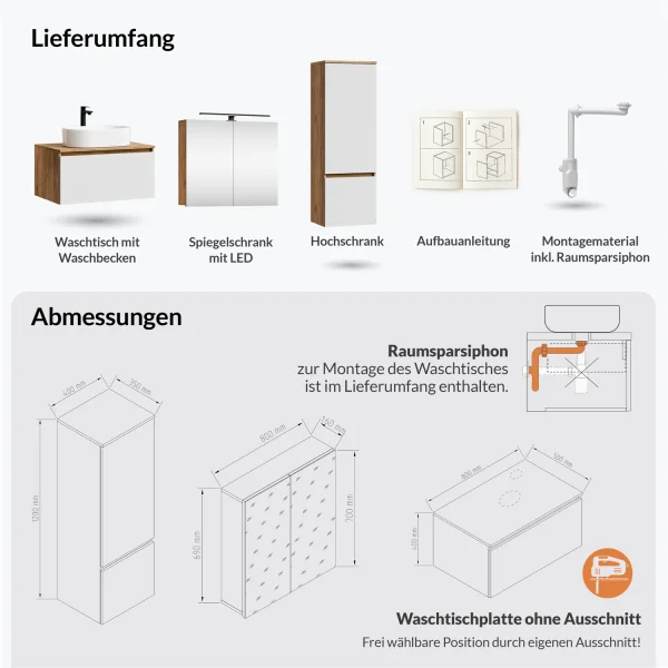 Ensemble de meubles de salle de bains ARISA avec armoire haute blanche - Comprend une armoire de toilette « ARIA » et un lavabo à poser en céramique blanche de 55 cm