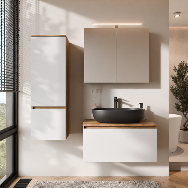 ARISA Badmöbel Set inkl. Hochschrank in Weiß - Mit Spiegelschrank "ARIA" und schwarzem Keramik-Aufsatzwaschbecken 60 cm