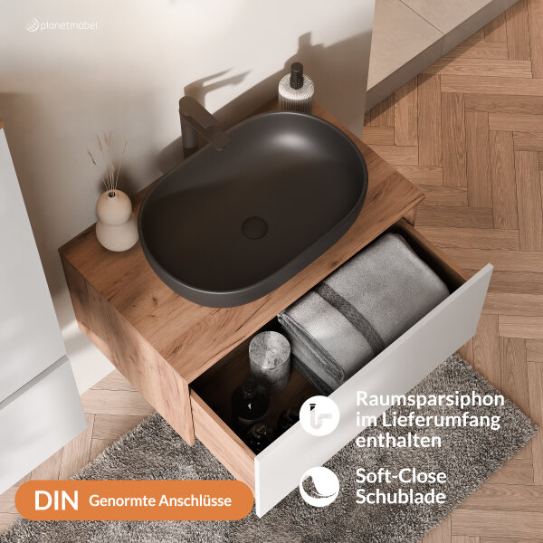 ARISA Badmöbel Set inkl. Hochschrank in Weiß - Mit Spiegelschrank "ARIA" und schwarzem Keramik-Aufsatzwaschbecken 60 cm