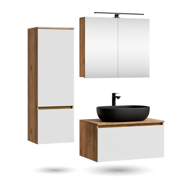 Ensemble de meubles de salle de bains ARISA avec armoire haute blanche - Comprend une armoire de toilette « ARIA » et un lavabo à poser en céramique noir de 60 cm