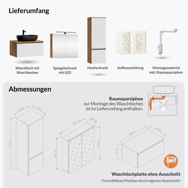 ARISA Badmöbel Set inkl. Hochschrank in Weiß - Mit Spiegelschrank "ARIA" und schwarzem Keramik-Aufsatzwaschbecken 60 cm
