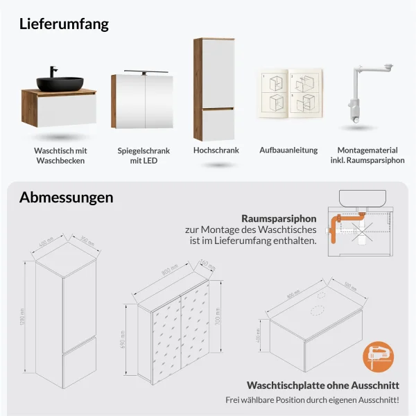 Ensemble de meubles de salle de bains ARISA avec armoire haute blanche - Comprend une armoire de toilette « ARIA » et un lavabo à poser en céramique noir de 60 cm