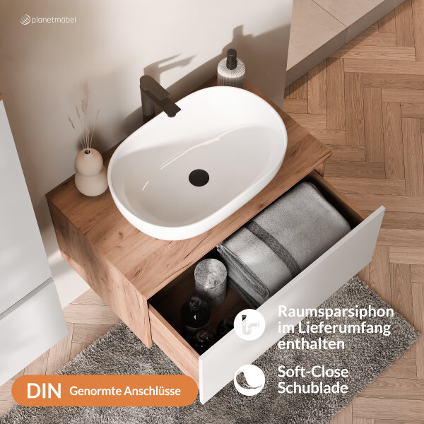 ARISA Badmöbel Set inkl. Hochschrank in Weiß - Mit Spiegelschrank "ARIA" und weißem Keramik-Aufsatzwaschbecken 60 cm