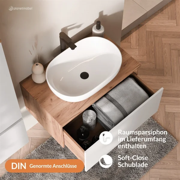 Ensemble de meubles de salle de bains ARISA avec armoire haute blanche - Comprend une armoire de toilette « ARIA » et un lavabo à poser en céramique blanche de 60 cm