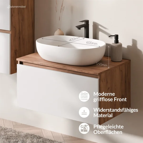Ensemble de meubles de salle de bains ARISA avec armoire haute blanche - Comprend une armoire de toilette « ARIA » et un lavabo à poser en céramique blanche de 60 cm