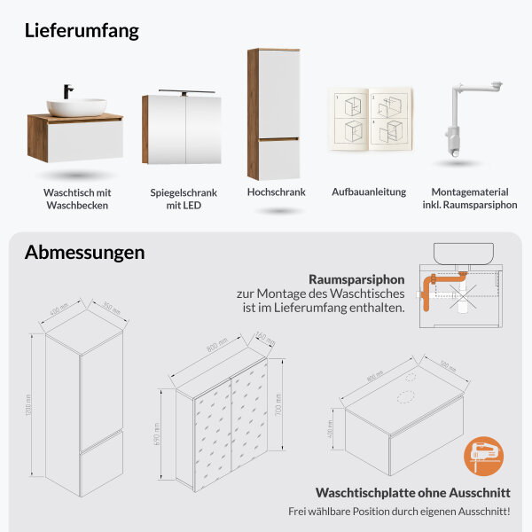 ARISA Badmöbel Set inkl. Hochschrank in Weiß - Mit Spiegelschrank "ARIA" und weißem Keramik-Aufsatzwaschbecken 60 cm