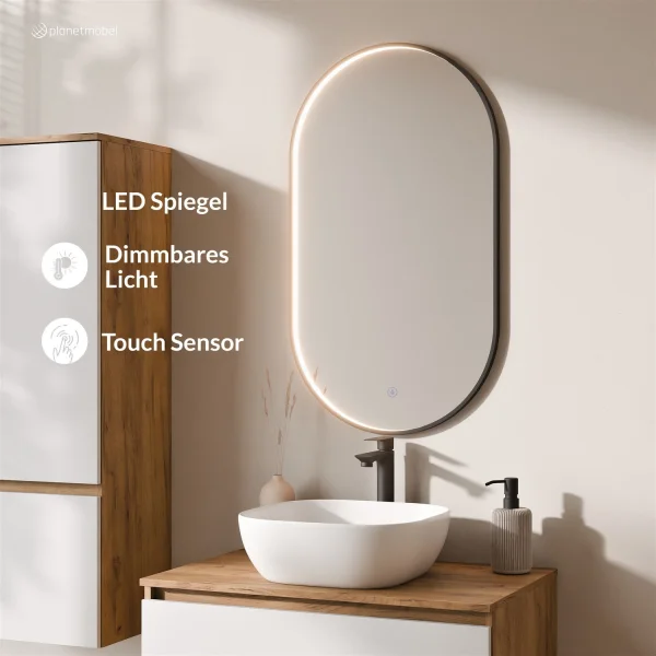 ARISA Badmöbel Set inkl. Hochschrank in Weiß - mit "Glora" LED Spiegel und scharzem Keramik-Aufsatzwaschbecken 42 cm