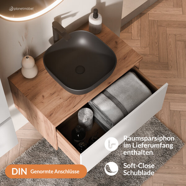 ARISA Badmöbel Set inkl. Hochschrank in Weiß - mit "Glora" LED Spiegel und scharzem Keramik-Aufsatzwaschbecken 42 cm