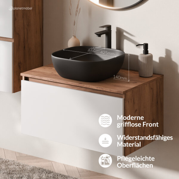 ARISA Badmöbel Set inkl. Hochschrank in Weiß - mit "Glora" LED Spiegel und scharzem Keramik-Aufsatzwaschbecken 42 cm