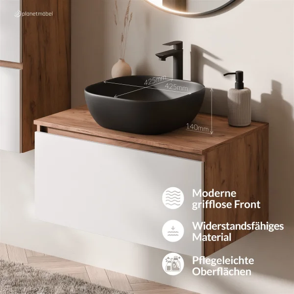 ARISA Badmöbel Set inkl. Hochschrank in Weiß - mit "Glora" LED Spiegel und scharzem Keramik-Aufsatzwaschbecken 42 cm