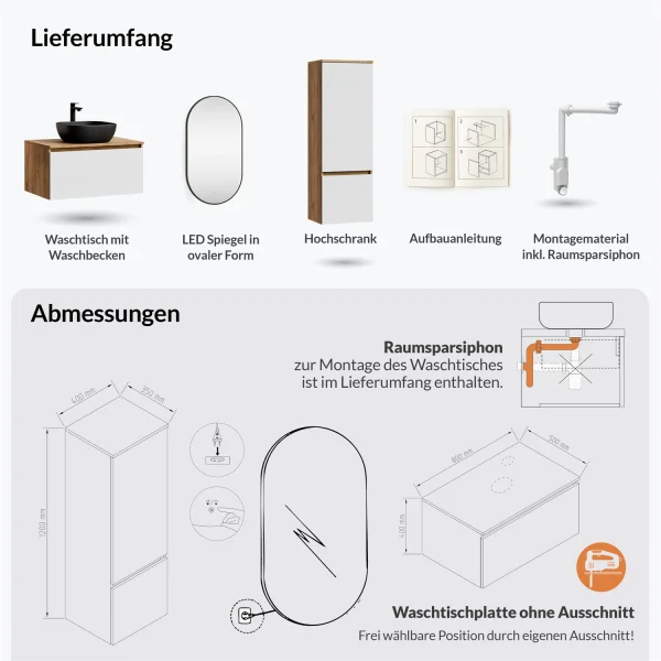 ARISA Badmöbel Set inkl. Hochschrank in Weiß - mit "Glora" LED Spiegel und scharzem Keramik-Aufsatzwaschbecken 42 cm