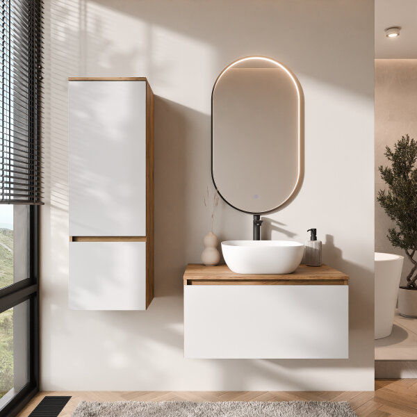 ARISA Badmöbel Set inkl. Hochschrank in Weiß - mit "Glora" LED Spiegel und weißem Keramik-Aufsatzwaschbecken 42 cm
