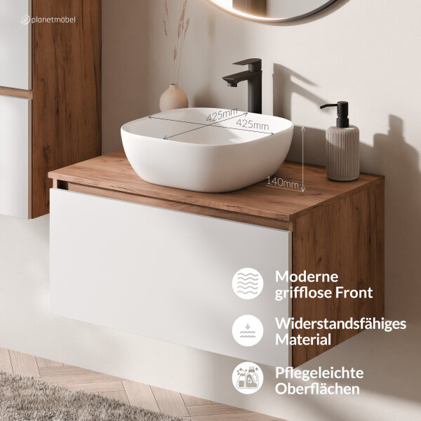 ARISA Badmöbel Set inkl. Hochschrank in Weiß - mit "Glora" LED Spiegel und weißem Keramik-Aufsatzwaschbecken 42 cm