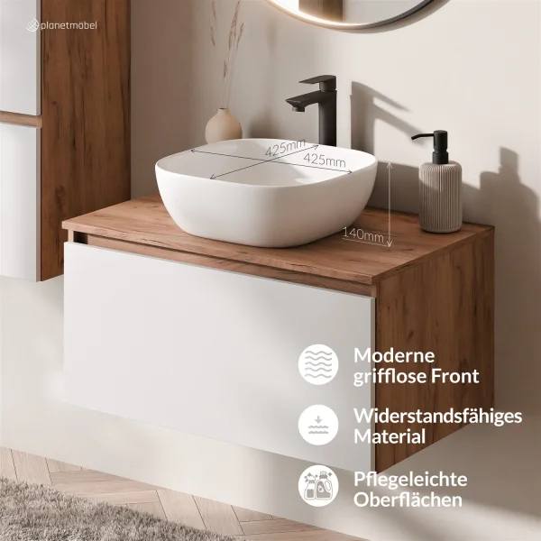 ARISA Bathroom Furniture Set, including a tall cabinet in white—with a "Glora" LED mirror and a white ceramic countertop sink (42 cm)